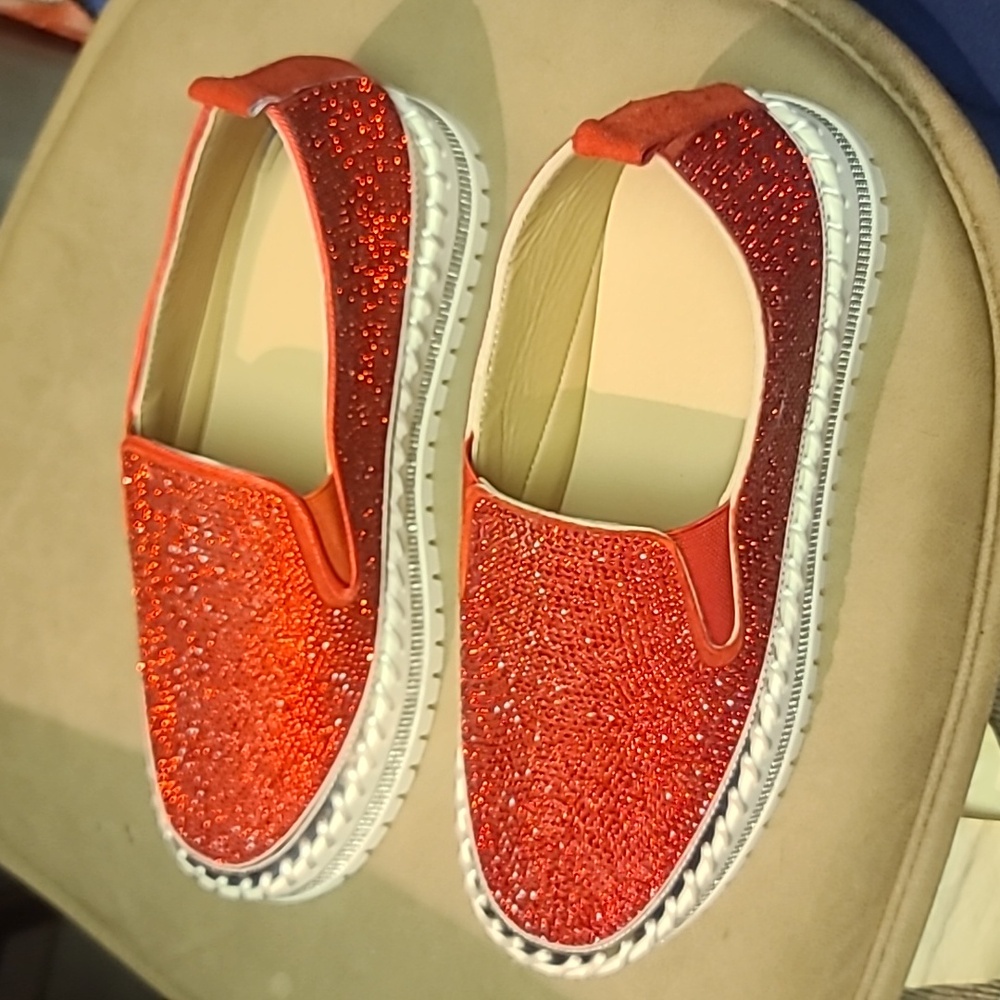 Women’s Red Glitter Slip-On Sneakers - Casual Sparkle - Picture 2 of 7